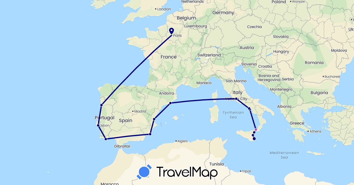 TravelMap itinerary: driving, train in Spain, France, Italy, Portugal (Europe)